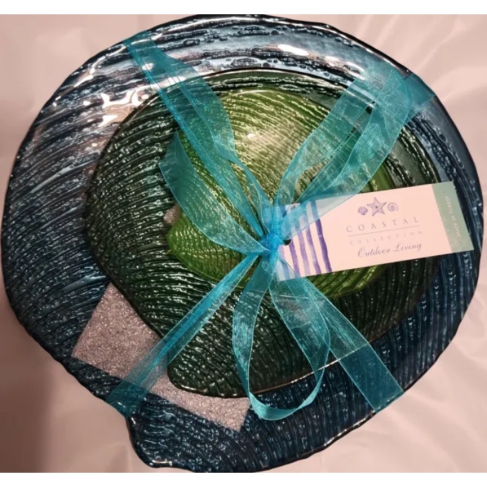 Coastal Collection 3pk Clam Shell Glass Plates Nautical Beach Serving Decor Blue